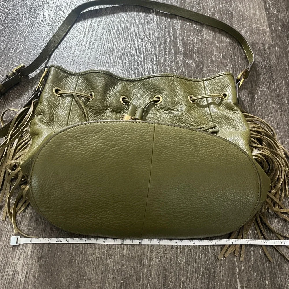 GILI Genuine Leather Olive Green Fringed Bucket Bag Crossbody Purse